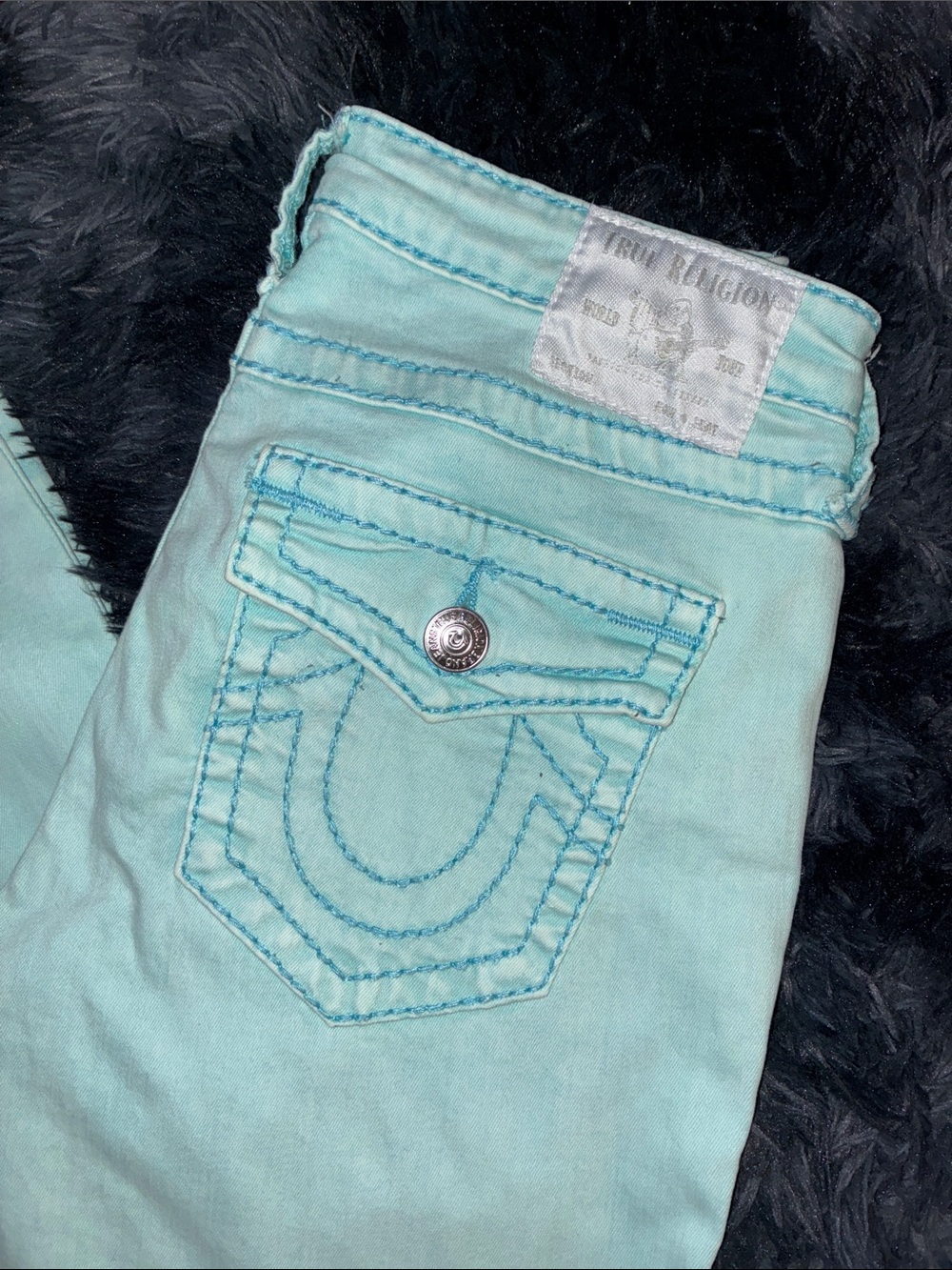 True Religion Teal Skinny Jeans sz 27 Halle mid rise white label Blue Stich